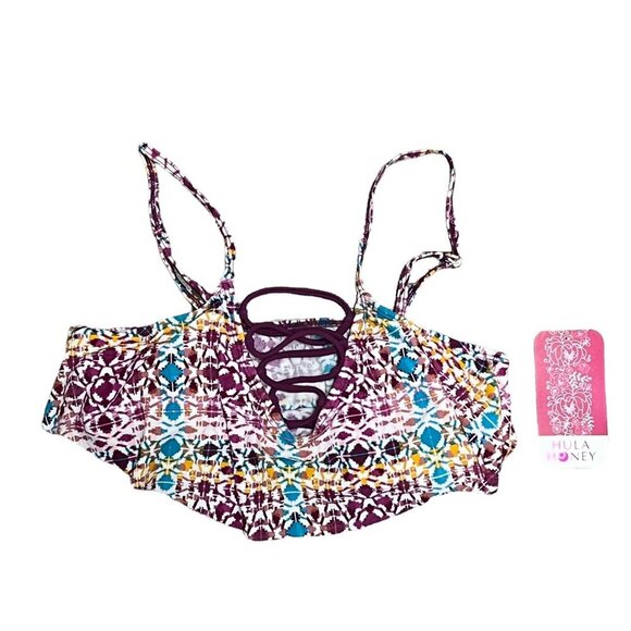 NWT Hula Honey Flounce Bikini Top Junior's Size Small Wine Multi Print Lace Up - Picture 3 of 11